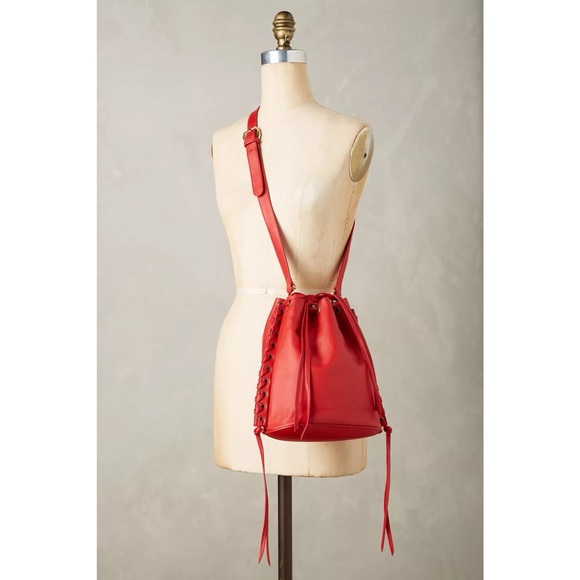 Anthropologie Handbags - NWT Anthro x Cleobella Leather Red Bucket Bag Crossbody Fringe